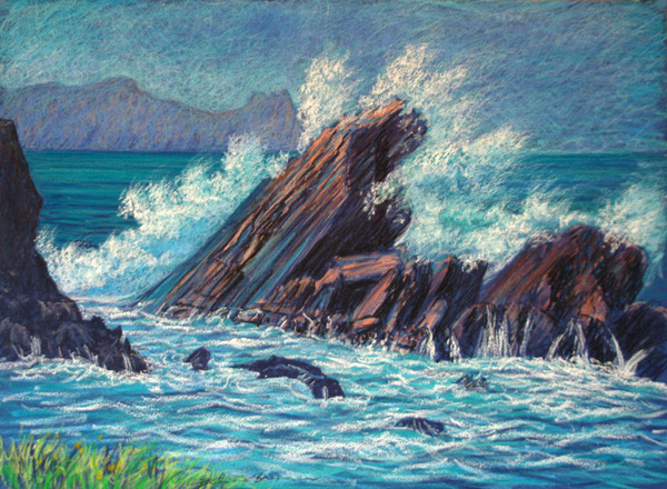 Rocks and Sea - Painting:: Oil Pastel